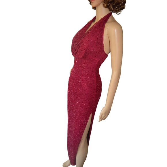 The Vintage Shop Wine Red Beaded Halter Sheath Holiday Ball Gown Womens Size S - Picture 3 of 7